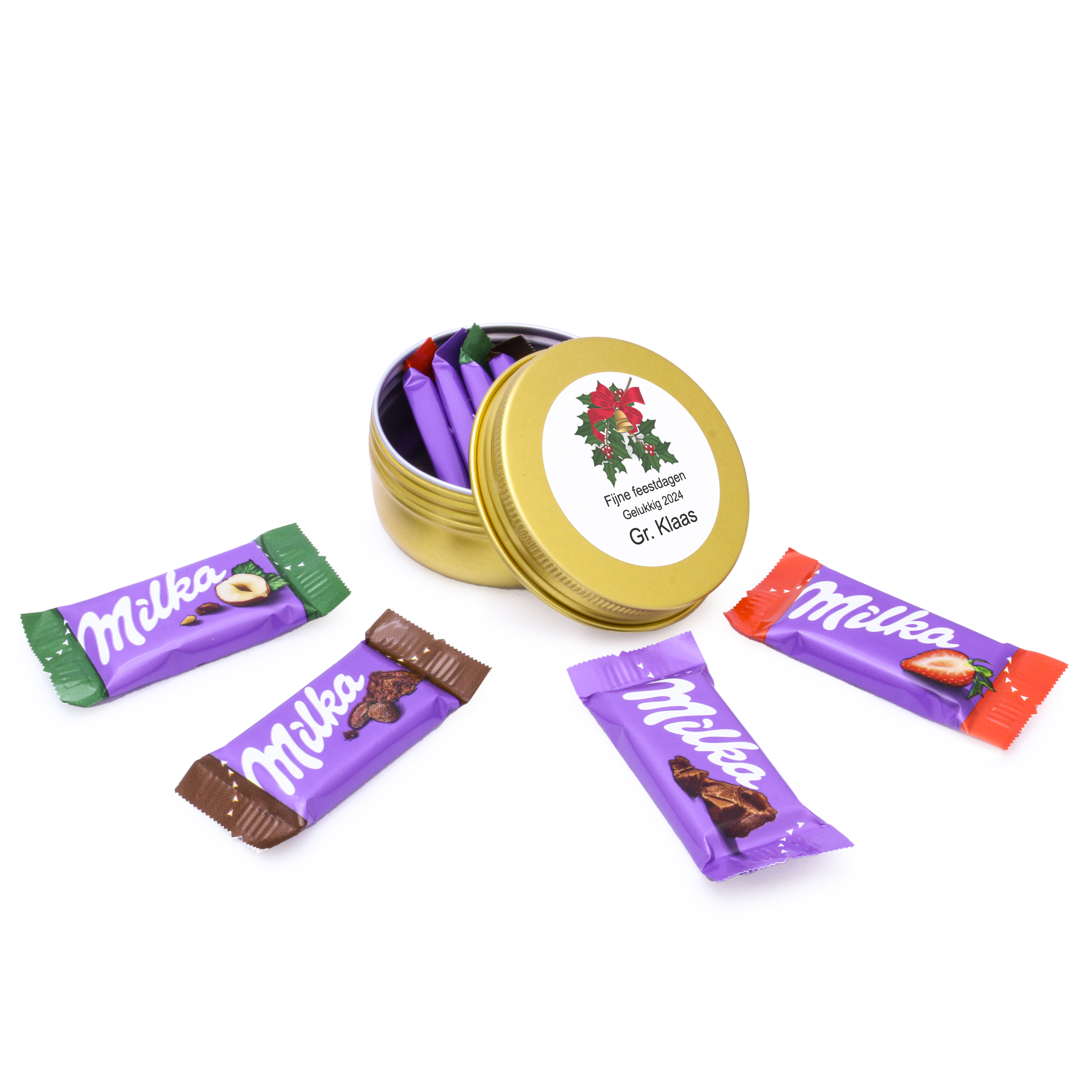 Goud blikje - Gevuld met Milka chocolade - Feestdagen bedankje