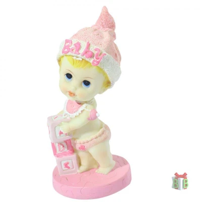 Babyfiguur -  Roze baby op kubus 17 cm - Taarttopper