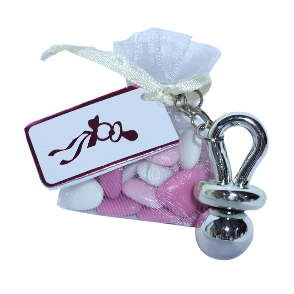 Speensleutelhanger met roze zakje