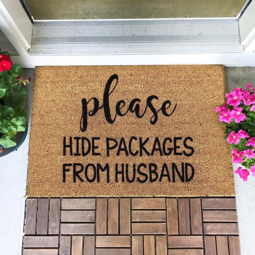 Schoonloopmat leuke tekst: alstublieft verberg de pakketten voor mijn echtgenoot.