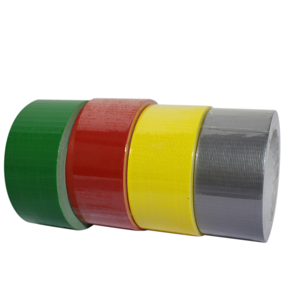 Voordelig tape naast elkaar in de kleuren groen, rood, geel en grijs met de afmetingen 50 m x 25 cm.