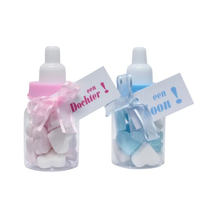 Papflesje met kaartje en gevuld - wit - roze - blauw - Geboorte Bedankje