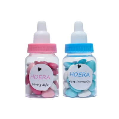 Papflesje met Chocolade Hartjes - Blauw of Roze - Bedrukt - Geboorte bedankje