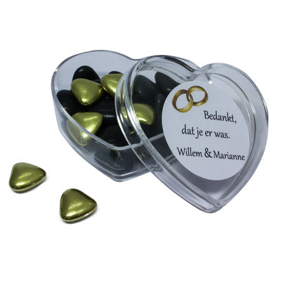 Huwelijksbedankje - Hartvorm transparant doosje - gevuld met gouden hartjes