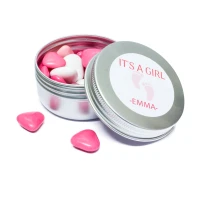 Zilver geboorte bedankt blikje met roze snoepjes