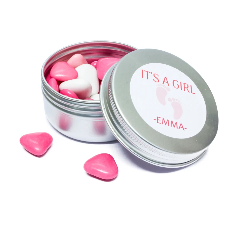 Zilver geboorte bedankt blikje met roze snoepjes