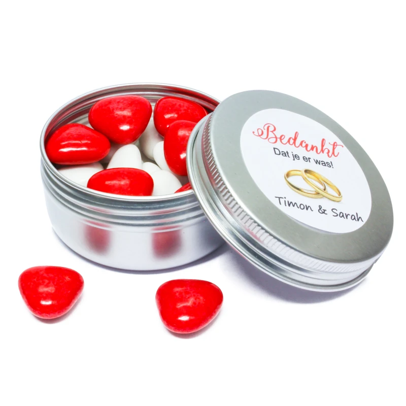 Zilver bedankt blikje met rode en witte snoepjes