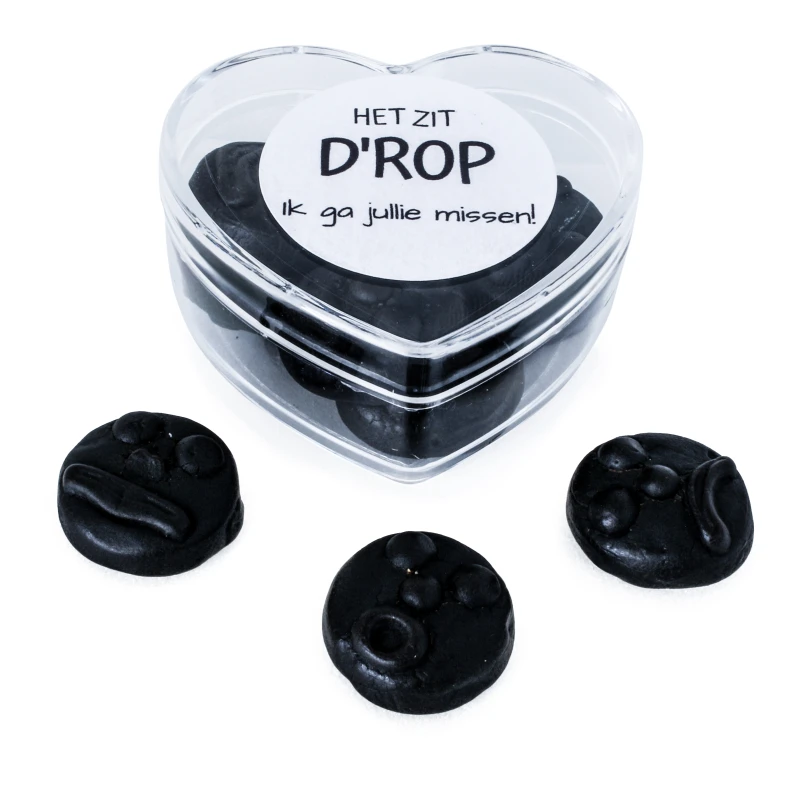 Doosje met hartvorm gevuld met drop en leuke tekst