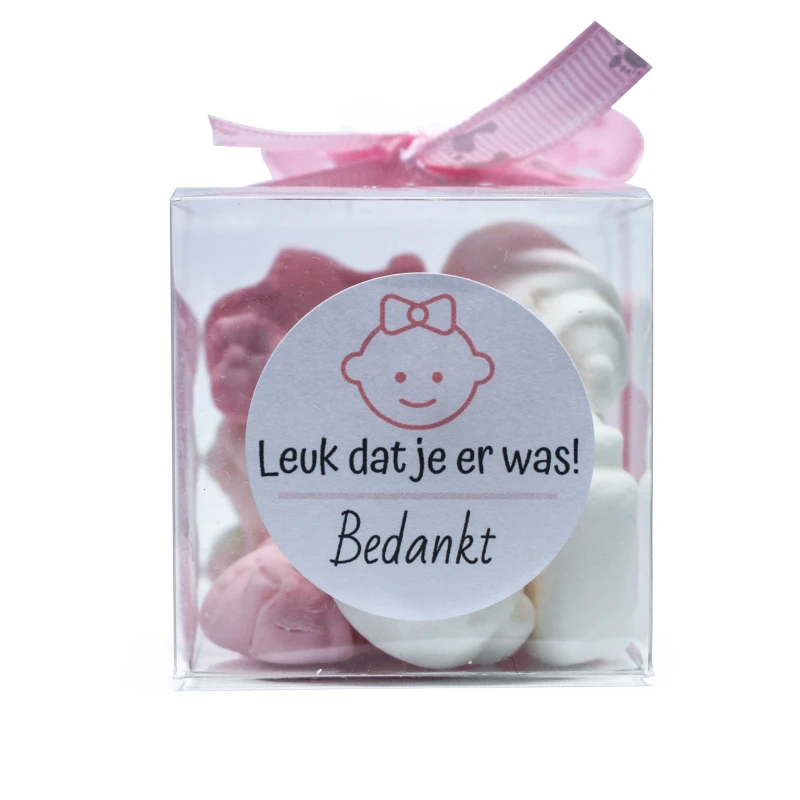 Transparant kubus geboorte bedankje met roze strik
