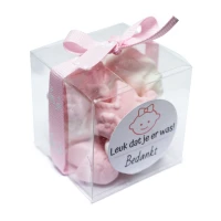 Transparant geboorte bedankje met strik roze