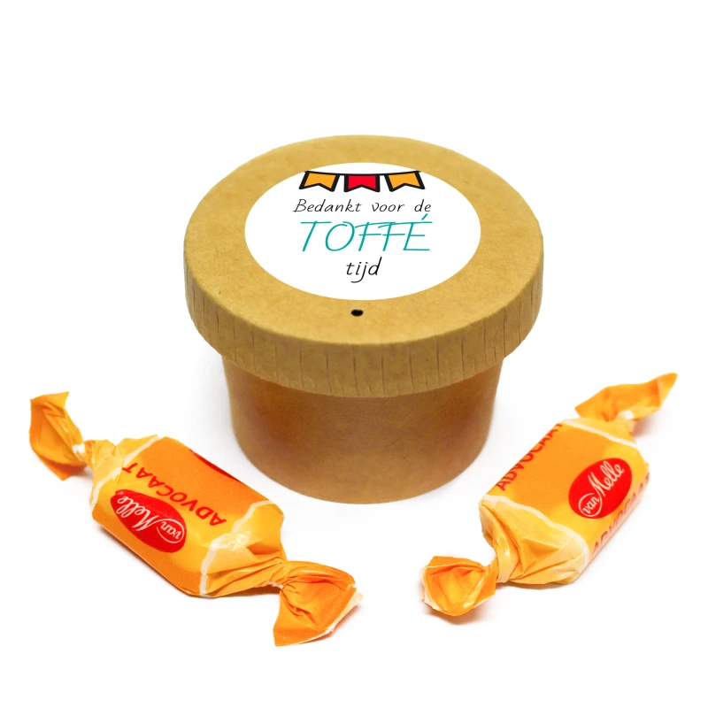 BIO bekertje met toffee snoepjes als bedankje voor collega's