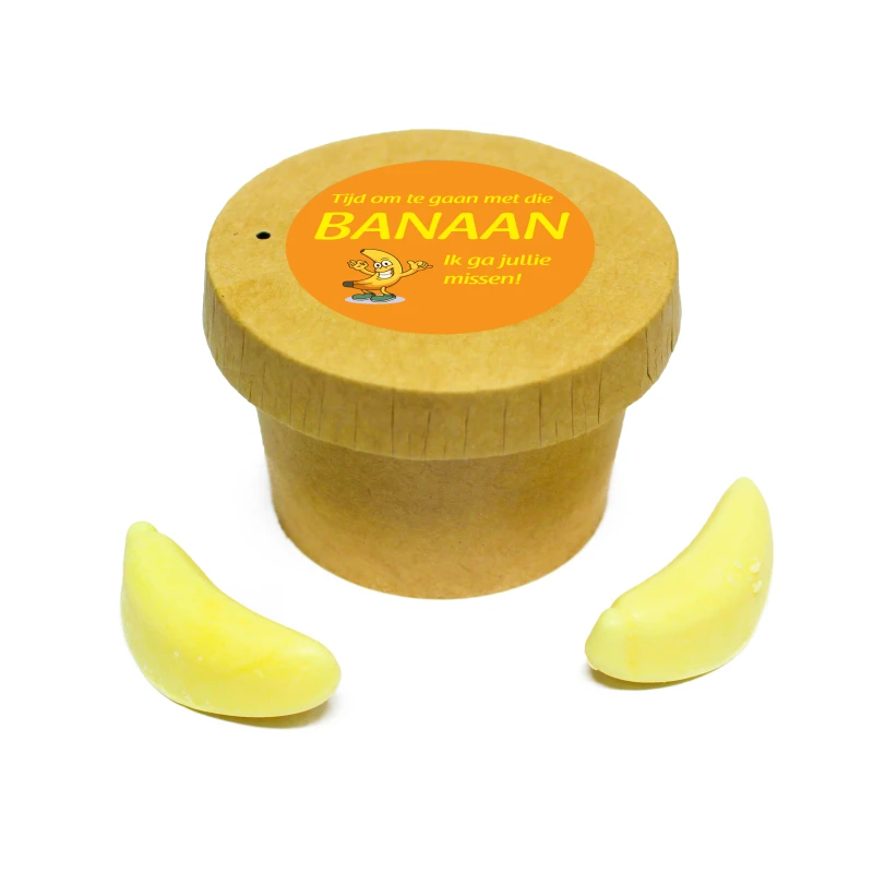 biologisch afbreekbaar bekertje met banaan snoepjes, zijaanzicht