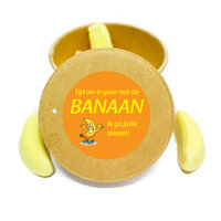 biologisch afbreekbaar bekertje met banaan snoepjes, sticker aanzicht