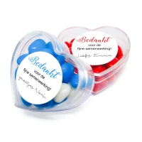 Doorzichtig harten doosje als bedankje voor collega's, met zelf te ontwerpen sticker