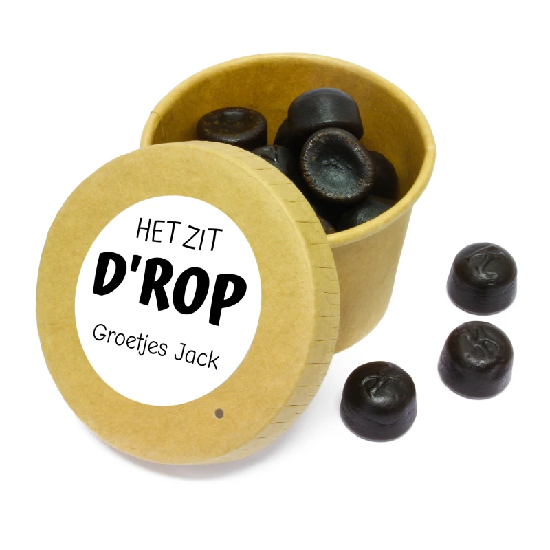 Bekertje met drop en de tekst het zit dr'op voor collega's