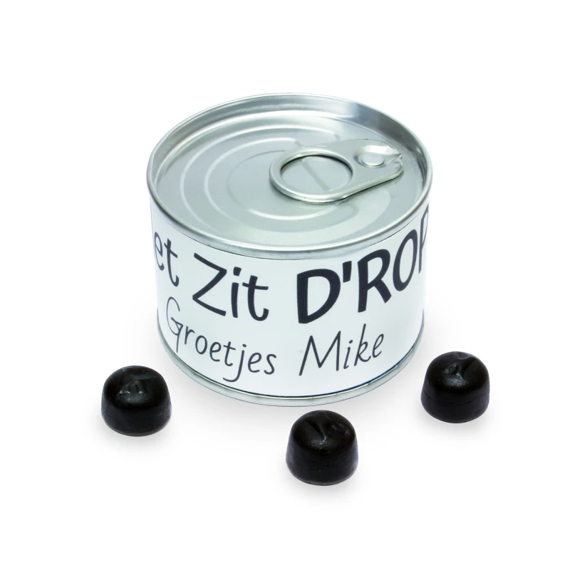 Blikje om te bedanken met bedrukt label en drop snoep