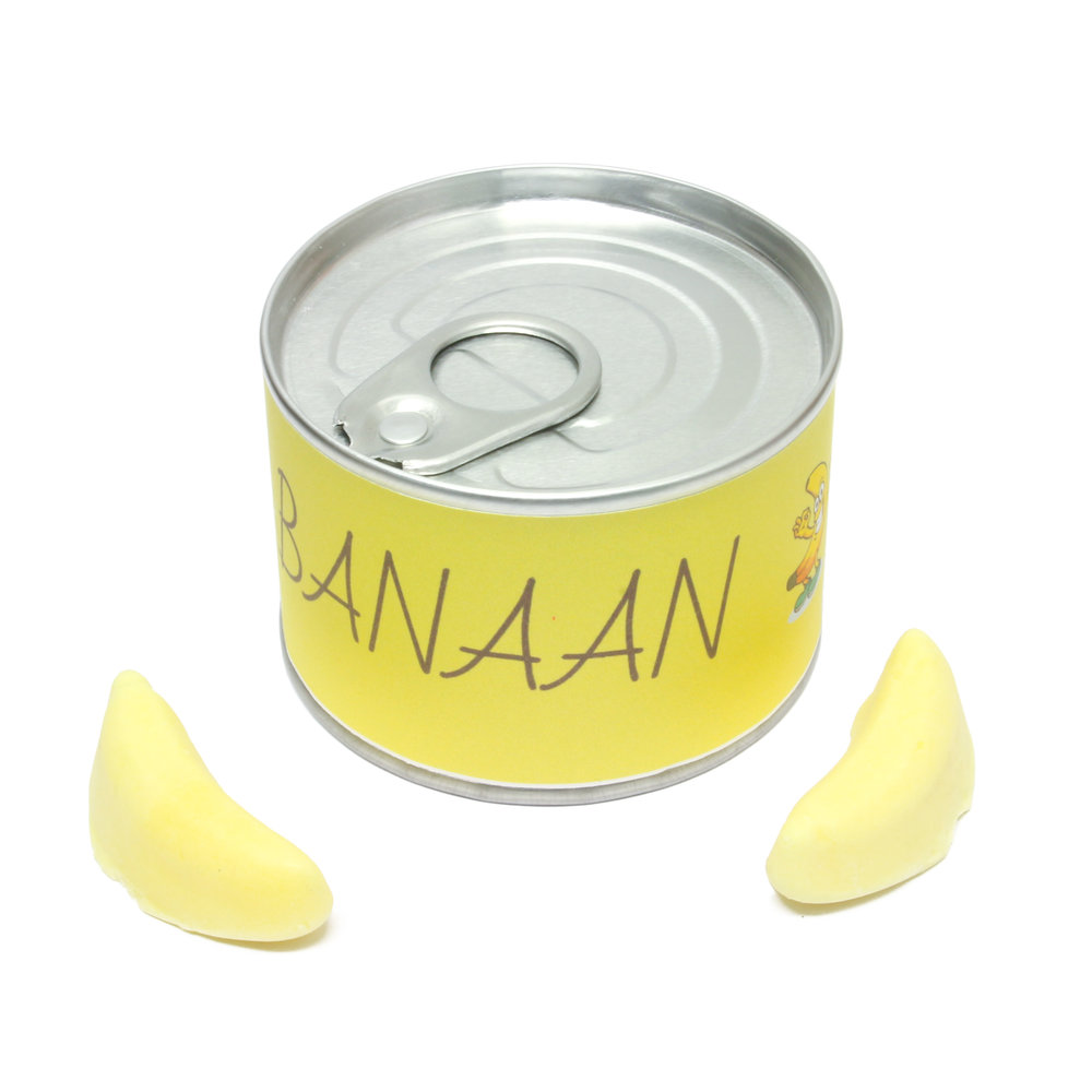 Blikje bedankje met geel banaan label en banaan snoepjes