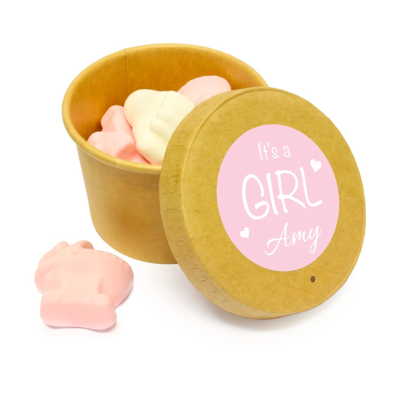 Kraft bekertje met open deksel en roze schuimpje snoepjes en it's a girl sticker