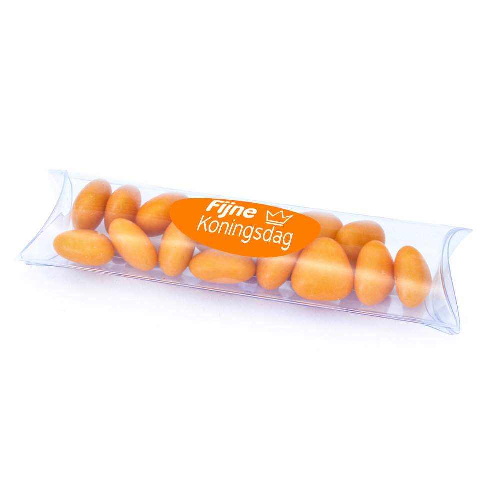 Transparante tube met oranje snoepjes en fijne Koningsdag stickers
