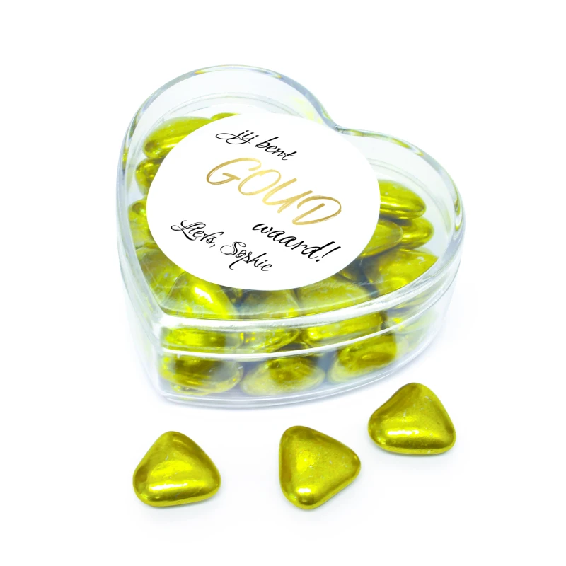 Harten doosje met gouden snoepjes als jij bent goud waard bedankje