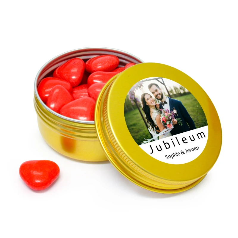 Goud blikje als jubileum bedankje met foto