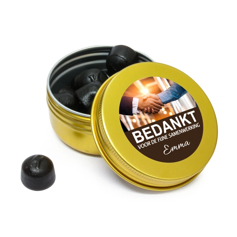 Bedankt voor de samenwerking goud blikje met leuke sticker