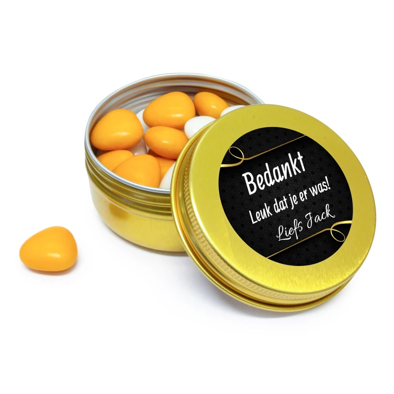 Goud blikje met oranje witte snoepjes bedankt dat je er was sticker