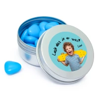 Blikje zilver met blauwe hartjes leuk dat je er was sticker