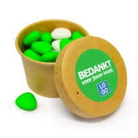Kraft bekertje als bedankje met logo en groene snoepjes