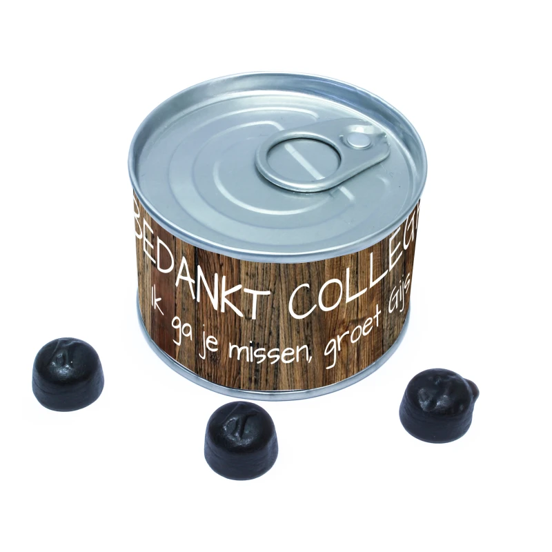 Blikje met label als bedankje voor collega's