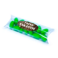Tube bedankje met groene snoepjes en fijne vakantie sticker
