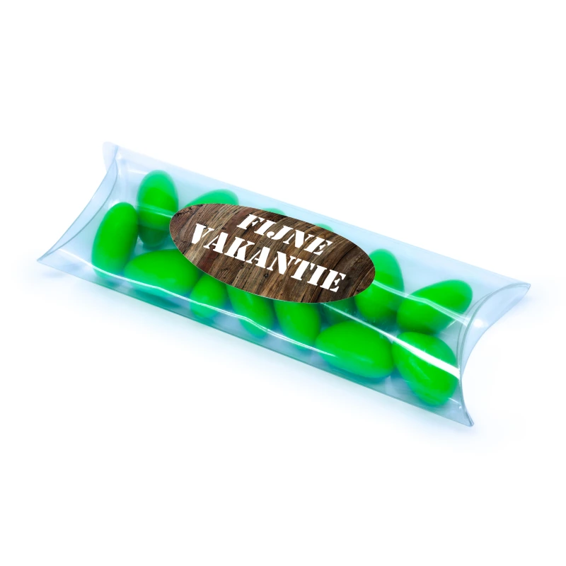 Tube bedankje met groene snoepjes en fijne vakantie sticker