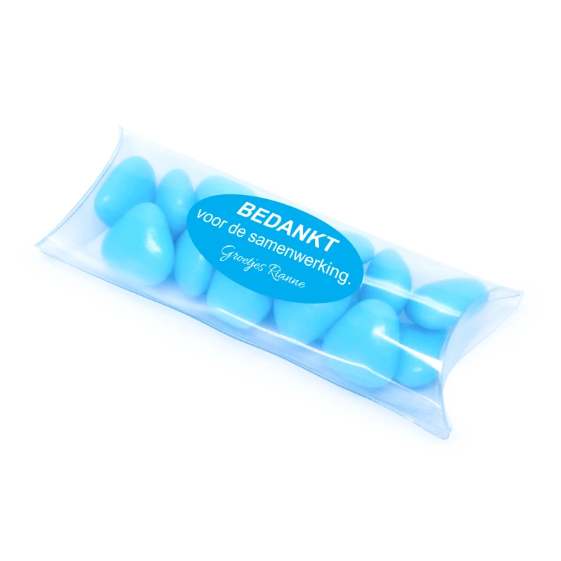 Tube bedankje met licht blauwe snoepjes en bedankt voor de samenwerking sticker