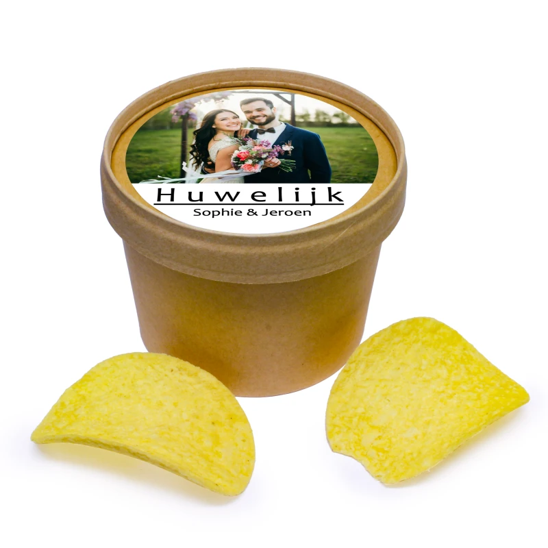 Kraft beker 250ml met chips als huwelijks bedankje