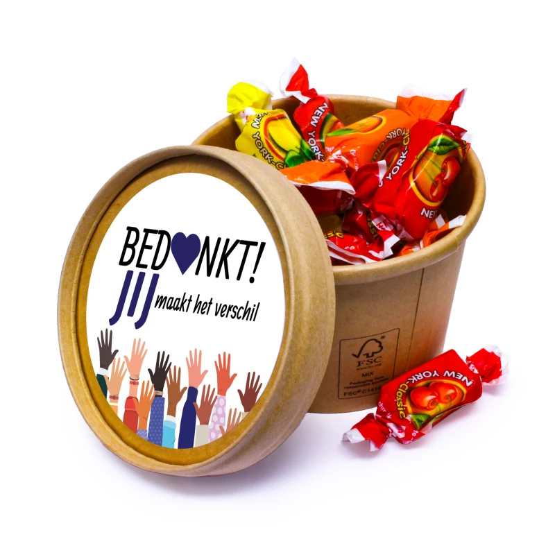 Kraft beker 250ml met toffees en jij maakt het verschil sticker