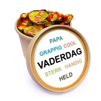 Kraft beker met vaderdag superlatieven bedrukt en eclairs toffees snoep