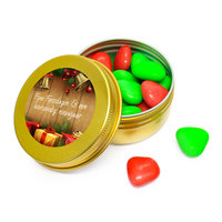 Goud blikje met rood/groene snoepjes als bedankje voor fijn nieuwjaar