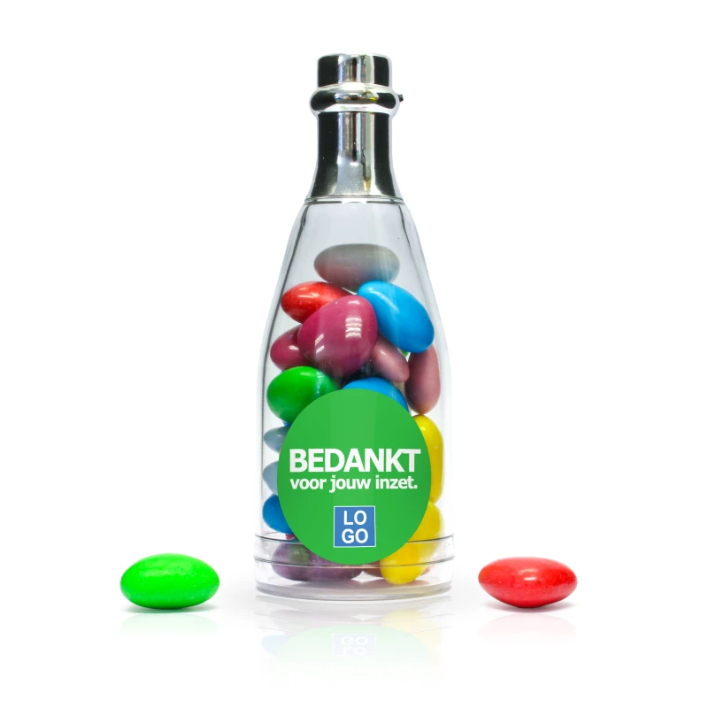 Champagne flesje bedankje met zilveren dop en gemengde snoepjes