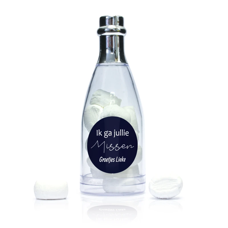 Bedankje champagne flesje met zilveren dop en pepermuntjes