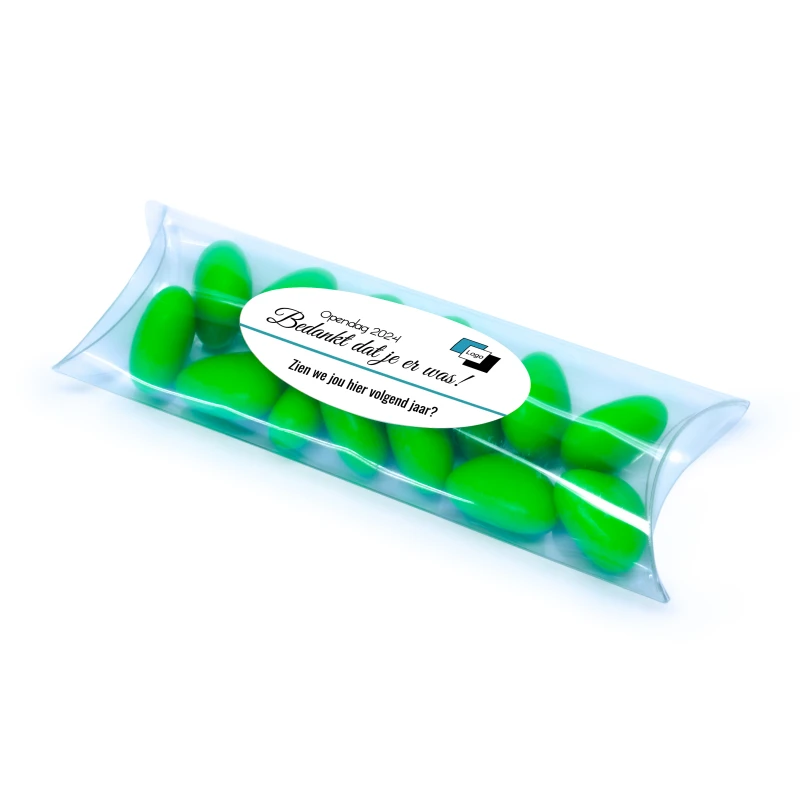 Open dag bedankje met groene snoepjes en sticker