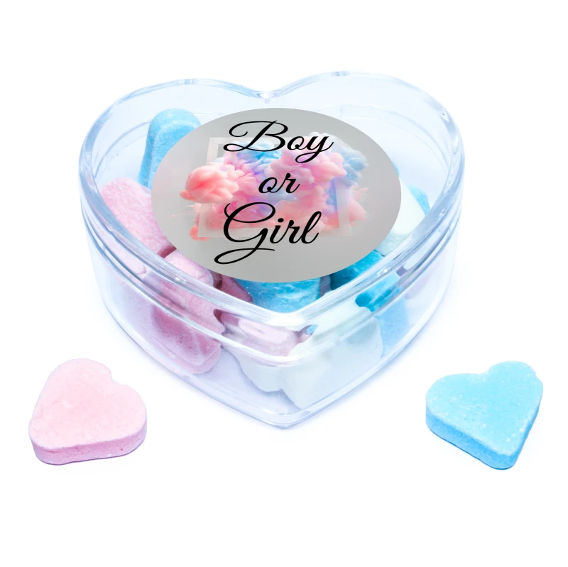 Hart bedankje voor gender reveal parties met roze/blauwe vruchtenhartjes