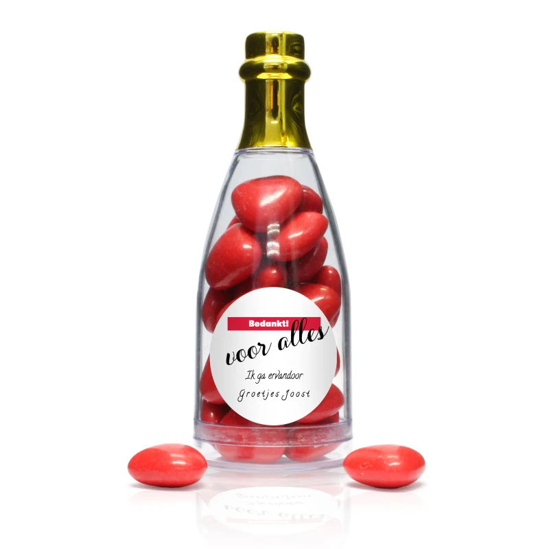 Bedankje - Champagne flesje - Rode snoepjes