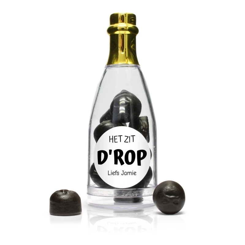 Bedankje voor samenwerking - Champagne flesje met gouden dop - Dropjes- Bedrukt