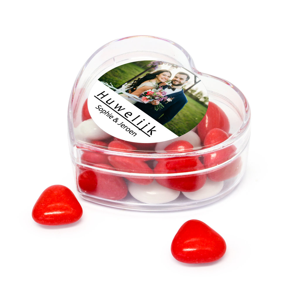 Huwelijks bedankje - Harten doosje met foto - Rood/witte snoepjes