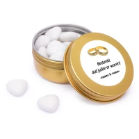 Huwelijksbedankje - Goud bedankje met witte snoepjes - Bedrukking met ringen