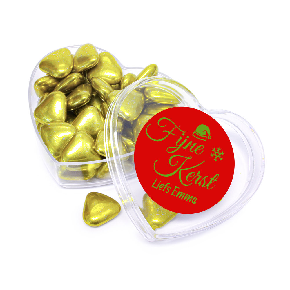Kerst bedankje - Goud hart doosje met bedrukt deksel en gouden snoep