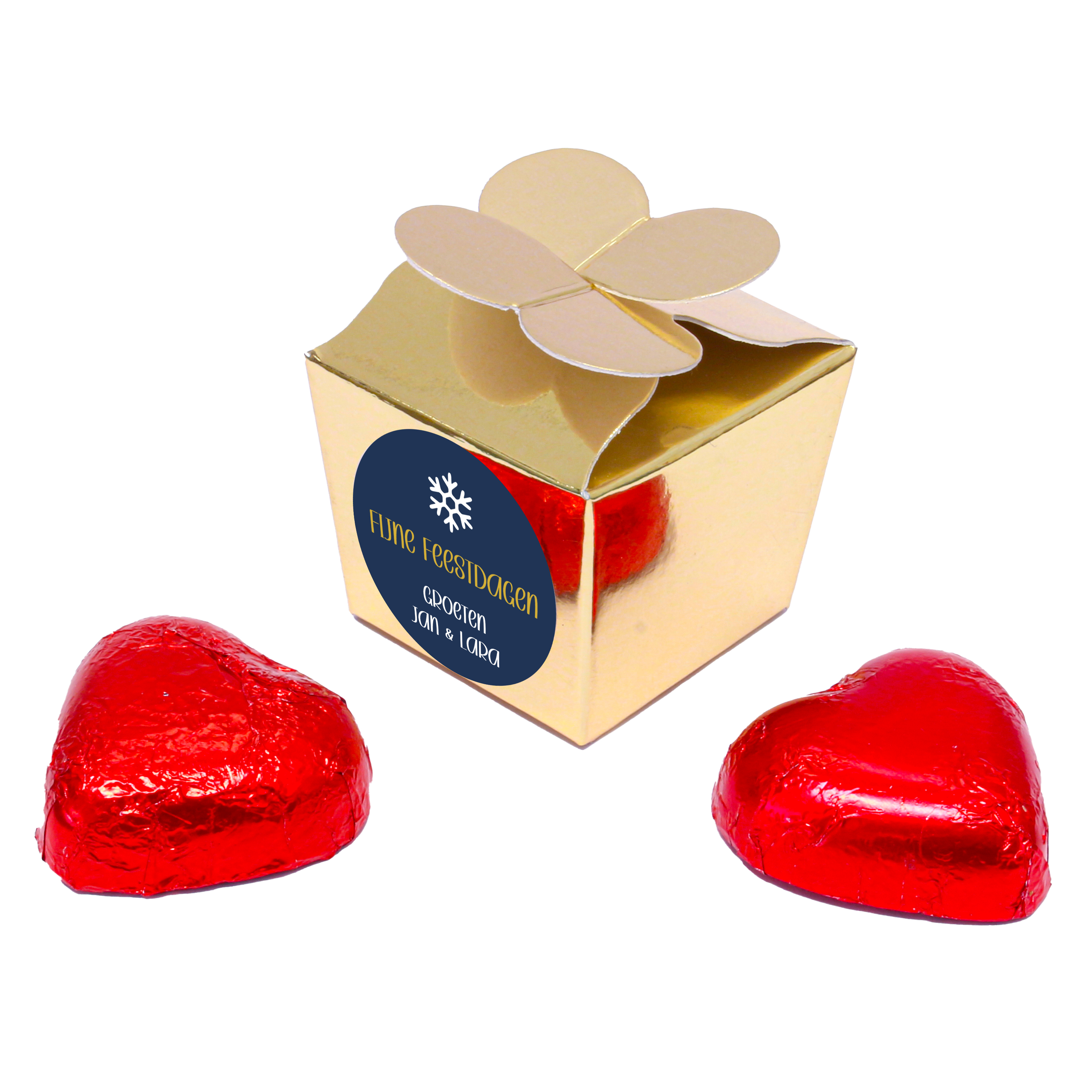 Kerst bedankje - Goud doosje met rode hart bonbons