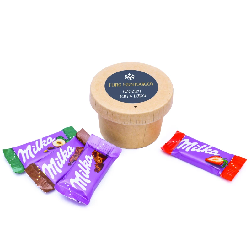 Kerst bedankje - Kraft bekertje met Milka chocolade - Bedrukt