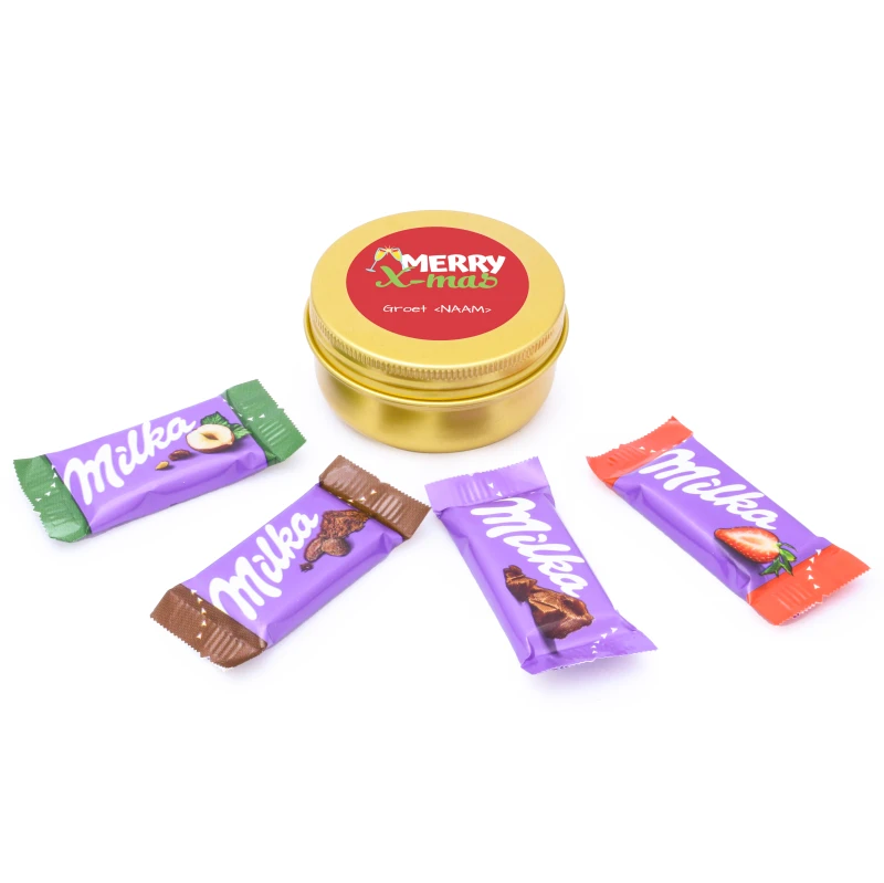 Kerst bedankje - Goud blikje met Milka snoep - Bedrukt