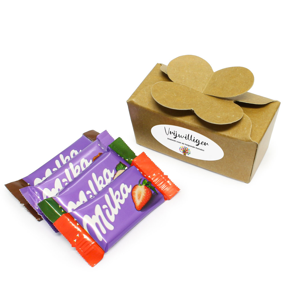 Vrijwilliger bedankje - Kraft doosje met vlindersluiting en Milka chocolade